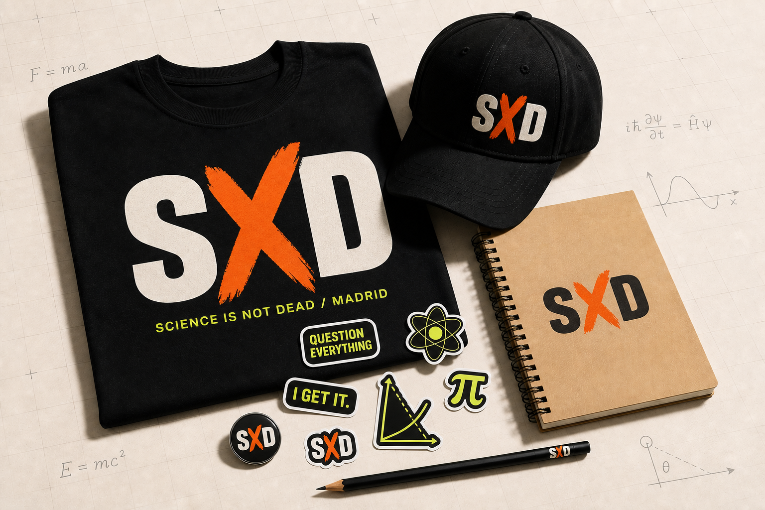 Science Is Not Dead student kit with a T-shirt, cap, notebook, stickers, pin and pencil